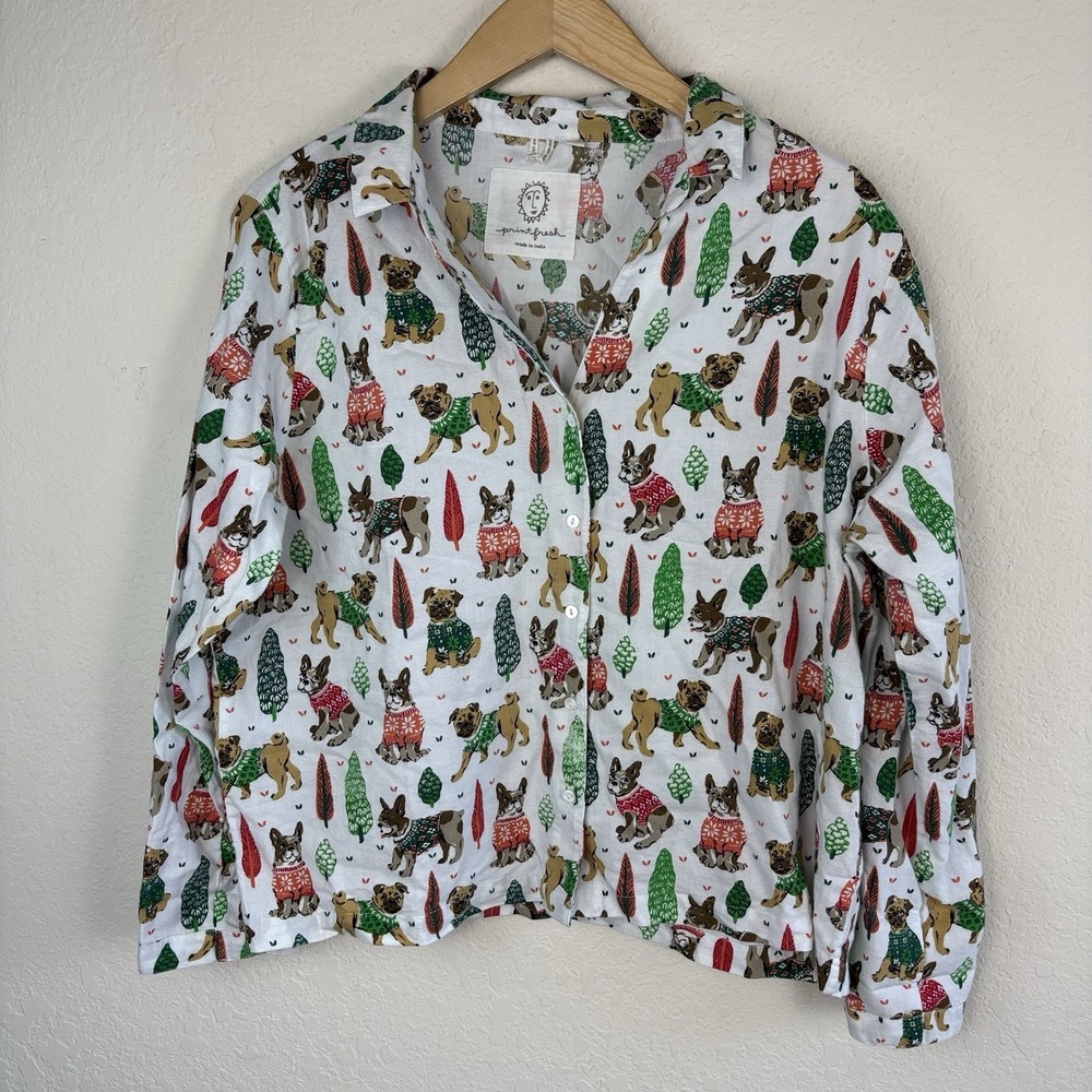 Print Fresh Women L Pajama Shirt Dog Print 100% Organic Cotton Anthropologie Pug